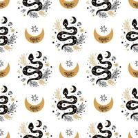 Serpent pattern. Floral snake moon seamless pattern. Mystic celestial serpent background. Botanical snake texture. Hand drawn wildflowers, leaves, moon. Gold, black snake. Reptile vector illustration.