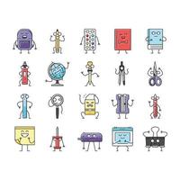 stationery character school icons set vector