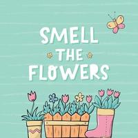 Garden lettering quote deocrated with flower pots on blue striped background. Hobby, mental health theme. Spring poster, banner, print, card. EPS 10 vector