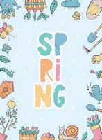 primavera saludo tarjeta, póster, imprimir, modelo decorado con letras citar y marco de dodoles en azul antecedentes. eps 10 vector