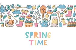 Spring time banner, print, poster, template, card decorated with quote and horizontal border of doodles. EPS 10 vector