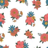 vintage floral seamless pattern. Hand drawn groovy flowers and leaves for wallpaper, textile prints, scrapbooking, stationary, wrapping paper, packaging, etc. EPS 10 vector