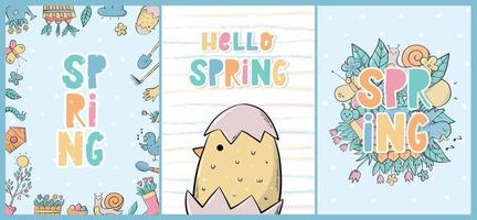 set of spring greeting cards, nursery posters, prints, templates decorated with doodles and quotes. Good for wall art, apparel decor. EPS 10 vector