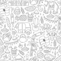 India seamless pattern with doodles. Holi, diwali, independence day theme. Wrapping paper, scrapbooking, wallpaper, kids coloring pages, textile prints. etc. EPS 10 vector