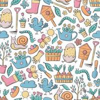 Spring seamless pattern with hand drawn doodles, cartoon elements. Good for nursery textile prints, wallpaper, scrapbooking, wrapping paper, backgrounds, etc. EPS 10 vector