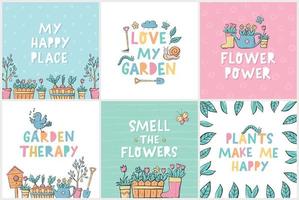 Set of spring and gardening greeting cards, posters, prints, invitations, templates, banners decorated with doodles and lettering quotes. EPS 10 vector