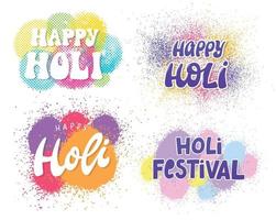set of four holi festival quotes decorated with coorful powder splashes, stains. Good for stickers, prints, cards, signs, posters, banners, etc. EPS 10 vector
