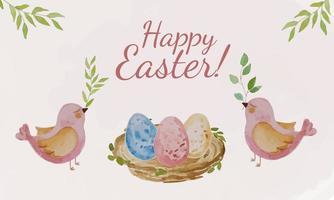 Happy easter. Watercolor illustrations of easter eggs in a nest and birds with branches. vector