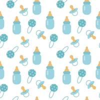 Seamless pattern with bottle, nipple and rattle on white background. It s a boy. vector