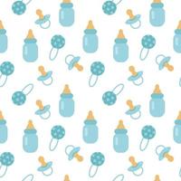 Seamless pattern with bottle, nipple and rattle on white background. It s a boy. vector