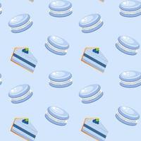 Seamless pattern with cake and macaroons on blue background. vector