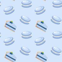 Seamless pattern with cake and macaroons on blue background. vector