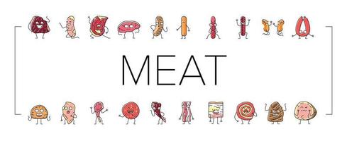 meat character beef food funny icons set vector