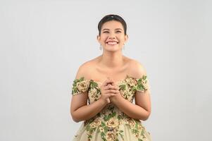 Young asian beautiful bride smiling with happy on white background photo