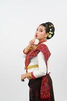 Young beautiful woman Thai Lanna dress on with shouting posture photo