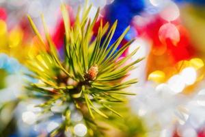 Christmas pine tree branch with needles. Close-up of Xmas ornament decorations for Happy New Year photo