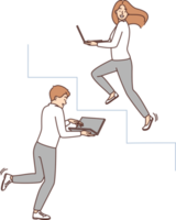 Motivated employees with laptops running upstairs png