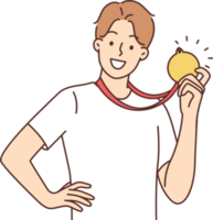 ein glücklich Athlet zeigt an das Gold Medaille er empfangen png