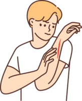 homem examina mão com profundo cortar ou ferida recebido depois de acidente às trabalhos png
