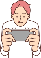 Boy play video game on mobile phone png