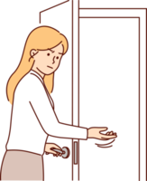 missnöjd kvinna sekreterare inviterar till stiga på rum öppning dörr för obehaglig person png