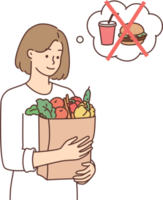 Vegetarier Frau halten Papier Tasche mit frisch Gemüse im Hände ablehnen zu Kaufen schnell Essen png