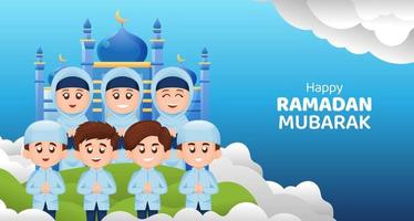 musulmán niños chico y niña saludo Ramadán kareem Mubarak con contento sonrisa ilustración concepto vector