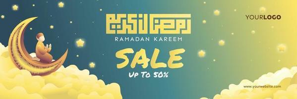 Ramadan Kareem Banner With Man Praying On Crescent Moon And Cloud vector