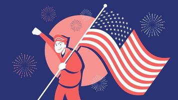 Young Man Carrying USA Flag in 4th of July Celebration Illustration. Retro Color Style and Red Blue White Fireworks Vector