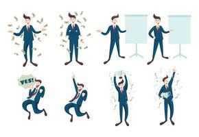 Set of Businessman or Salesman Achieve His Goal Succesfully, Get A Lot of Money with Happy Face in Flat Style Design Illustration vector