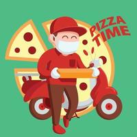 Delivery Man Pizza With Mask And Red Uniform vector