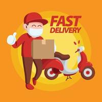 Delivery Man Thumb Up in Red Uniform Carrying Box vector