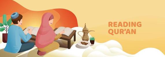 Muslim Man and Woman Reading Quran in Ramadan Kareem Illustration 3 vector