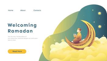 Ramadan Kareem Banner With Man Praying On Crescent Moon And Cloud vector