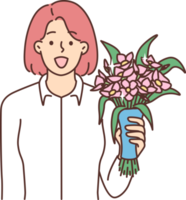 souriant femme avec bouquet salutation avec anniversaire png