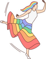 Happy woman in rainbow skirt dancing png