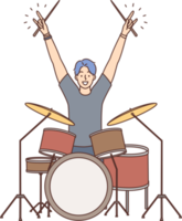 homem baterista membro do juventude Rocha banda levantar mãos acima iniciando show png