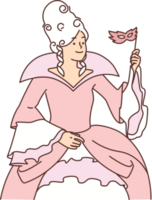 Woman in puffy dress for medieval ball with mask on stick and puffy superb hairstyle png