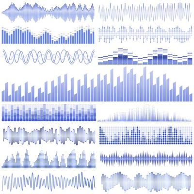 Vector set of blue sound waves. Audio equalizer. Sound and audio waves isolated on white background.