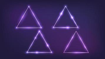 Set of four neon triangle frames with shining effects on dark background. Empty glowing techno backdrop. Vector illustration.