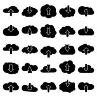 Set of twenty five black and white upload and download clouds icons. Vector illustration.