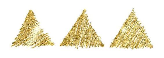 Set of three golden paint hand drawn glittering triangles on a white background. Background with gold sparkles and glitter effect. Empty space for your text. Vector illustration