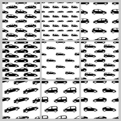 Set of nine seamless patterns with black cars on white background. Vector illustration.