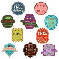 Set of Ten Vector Badges with Ribbons. Web stickers and labels. Isolated vector illustration.