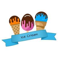 Three different ice cream wrapped in blue ribbon with the inscription ice cream. Vector illustration