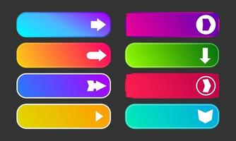 Colorful gradient buttons with arrows. Set of eight modern abstract web buttons. Vector illustration