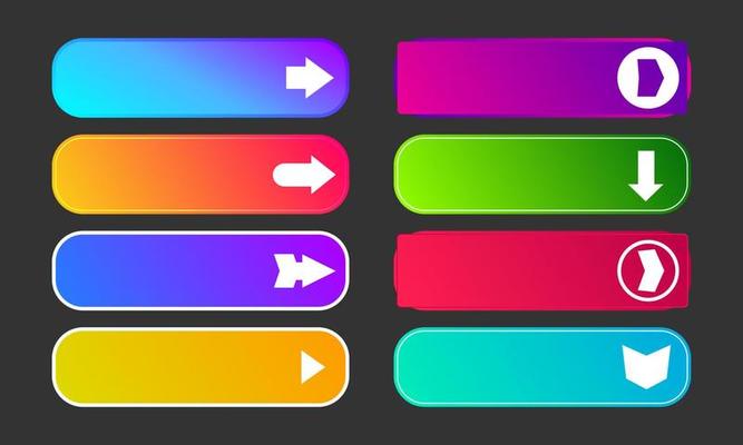 Colorful gradient buttons with arrows. Set of eight modern abstract web buttons. Vector illustration