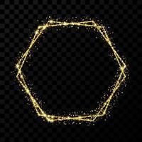 Gold double hexagon frame. Modern shiny frame with light effects isolated on dark vector