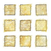 Set of nine golden paint glittering backdrops with black square frames on a white background vector