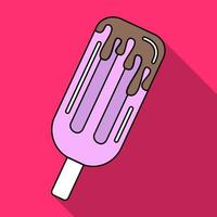 Vector illustration of ice cream on a wooden stick in flat style isolated on pink background with shadow. Vector illustration